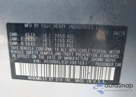 2015 Subaru Legacy 2.5I Limited from USA, damaged, VIN 4S3BNAL63F3061091